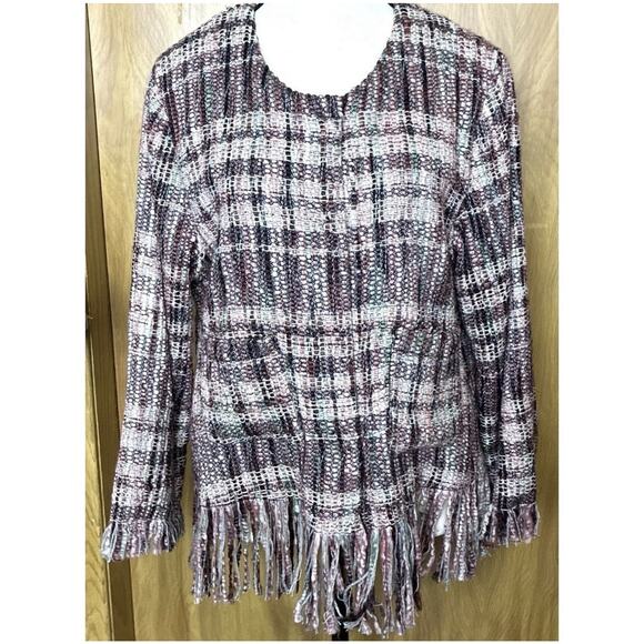 Anthropologie ETT:IWA Sz L LS Tweed Fringe Snap Frnt Brn Cream Rust Green Jacket - Picture 2 of 8
